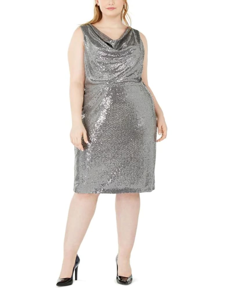 Front of a model wearing a size 14W Calvin Klein Women's Plus Sequined Sheath Dress Gray Size 14W in Gray by Calvin Klein. | dia_product_style_image_id:313188